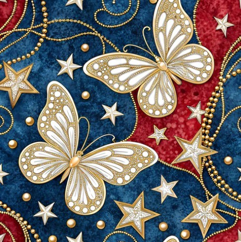 Gold butterflies and white stars on patriotic red and blue quilted fabric with decorative gold beading and swirl patterns