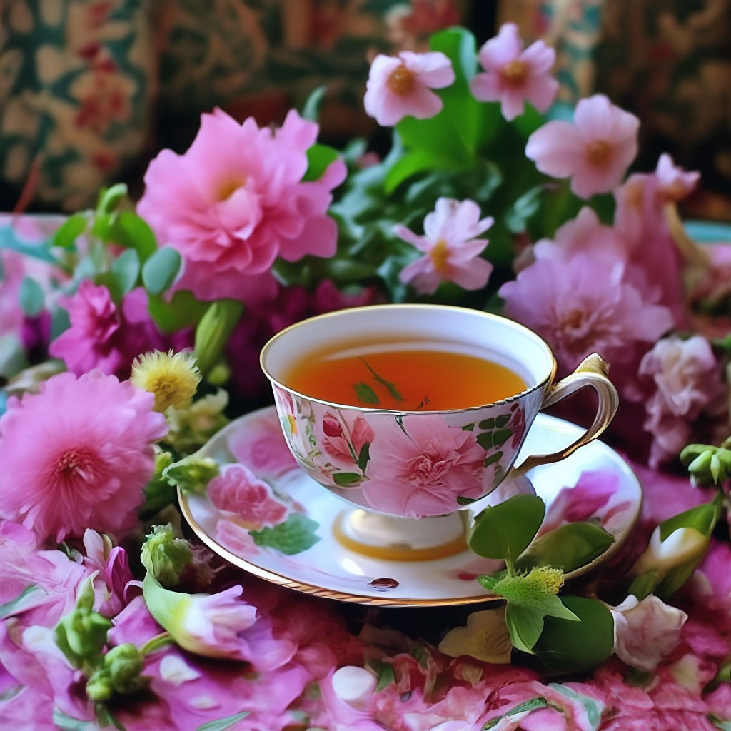 Floral teacup of tea on a saucer surrounded by pink flowers