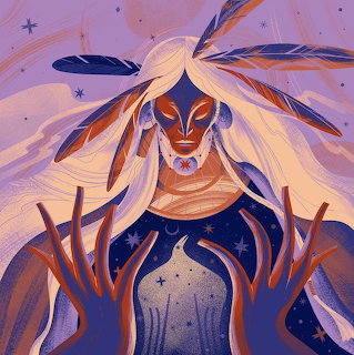 Stylized masked woman with white hair, branch-like antlers, and a starry blue dress