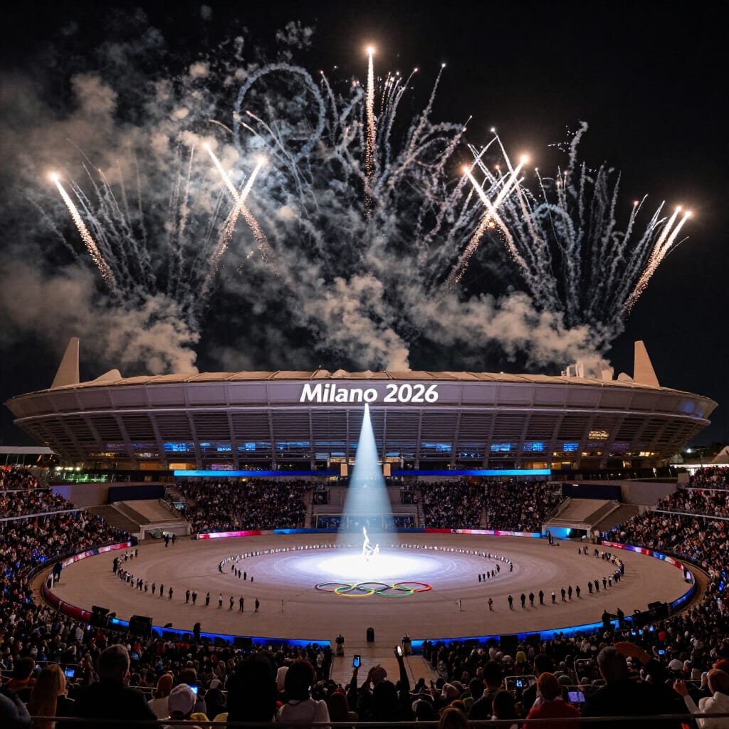 Fireworks above a packed stadium during a nighttime ceremony with a central fountain and Milano 2026 signage.
