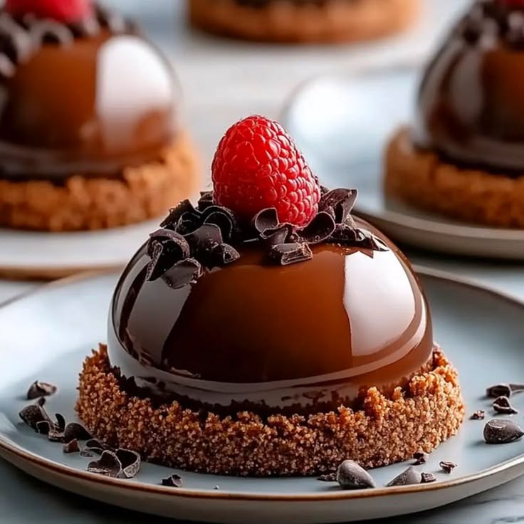 Glossy chocolate dome dessert with strawberry garnish on textured cookie base