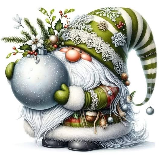 Christmas gnome with white beard, green striped hat, and ornaments amid pine branches