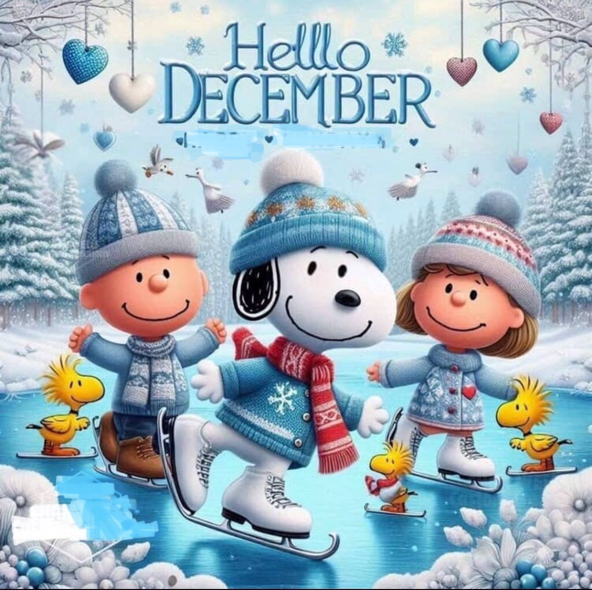 Snopy, Charlie Brown, and Peppermint Patty ice skating on a frozen pond in a winter wonderland scene