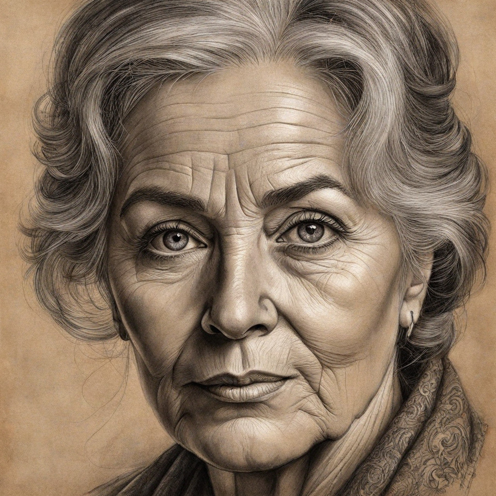 Portrait drawing of an elderly woman with gray hair and deeply lined face looking directly at viewer