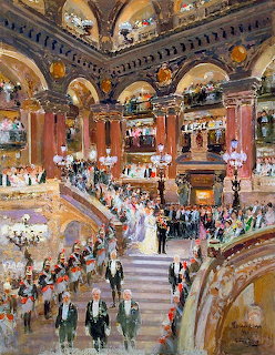 Impressionist painting of a royal arrival at an ornate opera house with crowds on a grand staircase