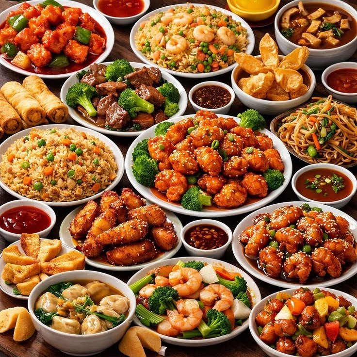 Overhead view of many Chinese food dishes including fried rice, orange chicken, spring rolls, shrimp, and noodles