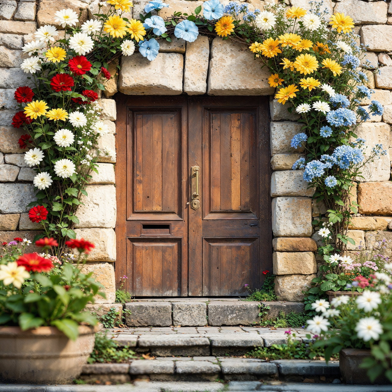 Wooden Door Stone Wall Flowers