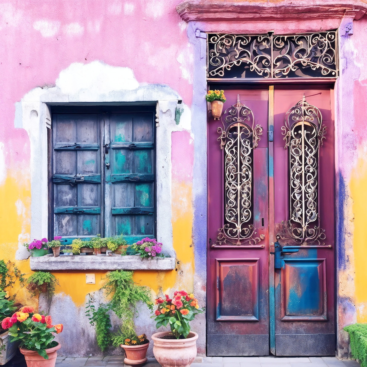 Ornate pink door with iron scrollwork next to blue window, colorful flowers in pots, pastel yellow and pink wall