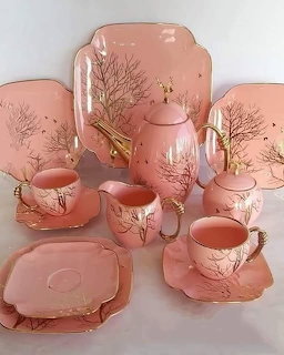 Pink porcelain tea set with gold tree branch decorations, teapot, cups, saucers and trays