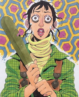 Cartoon woman with wide eyes, green plaid clothing, and a bat against a colorful patterned background