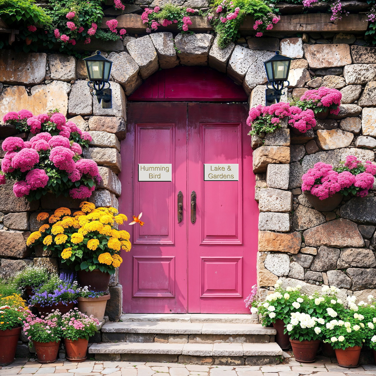 Fuchsia door in stone archway surrounded by colorful flowers and black lanterns