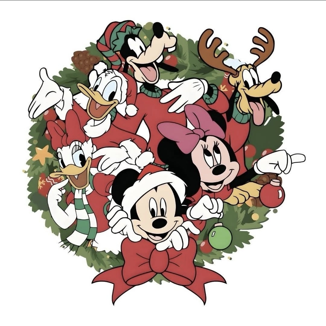 Disney characters in Christmas wreath with red bow