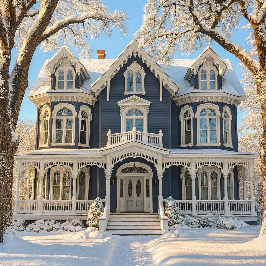 Blue Victorian house with white decorative trim and three dormers in snowy winter setting