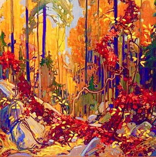 Colorful autumn forest painting with golden trees, red foliage, and impressionist brushwork