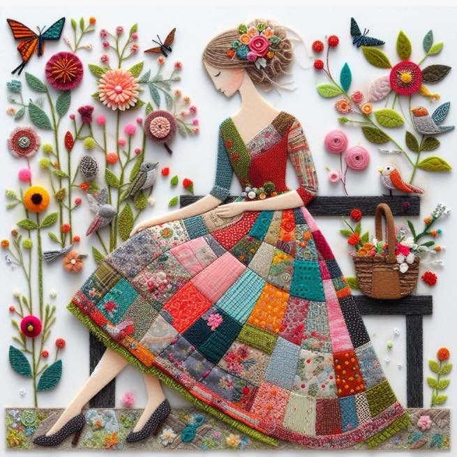 Woman in multicolored quilted dress with paper craft flowers and birds on white background