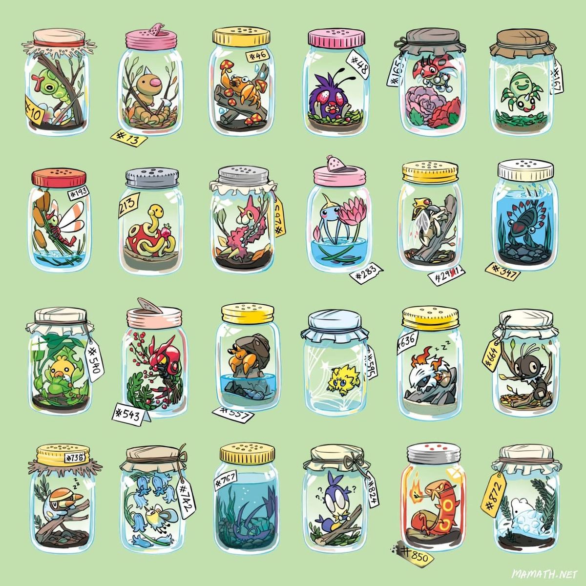 Grid of 24 illustrated jars, each holding a different Pokemon character, arranged in 4 rows on a mint green background