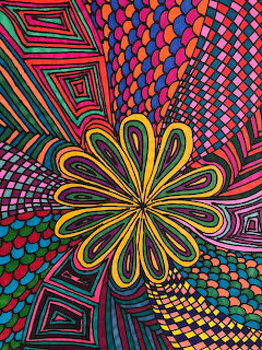 Psychedelic abstract art with radiating geometric patterns in neon pink, yellow, blue, and orange
