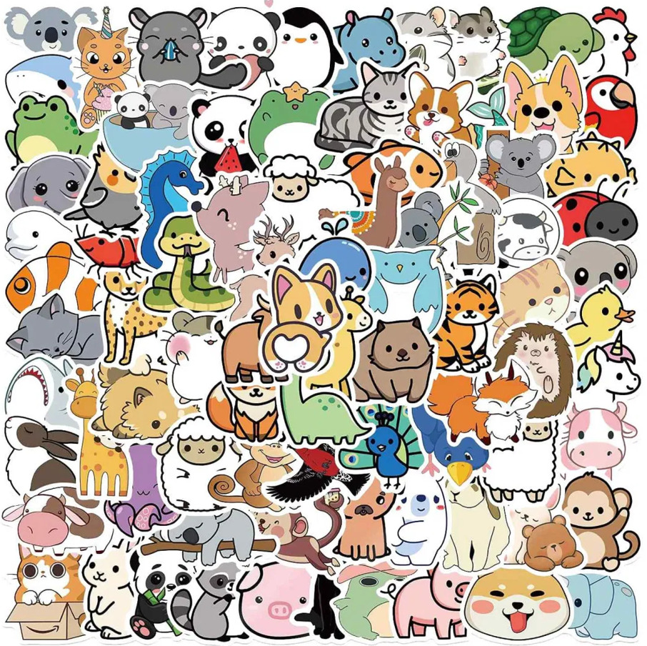 Collage of many small cartoon animal stickers including cats, dogs, bears, and other cute creatures in soft colors