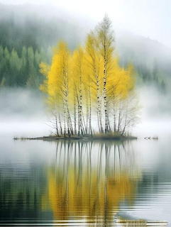 Golden autumn birch trees on island reflected in still lake water with misty forest background