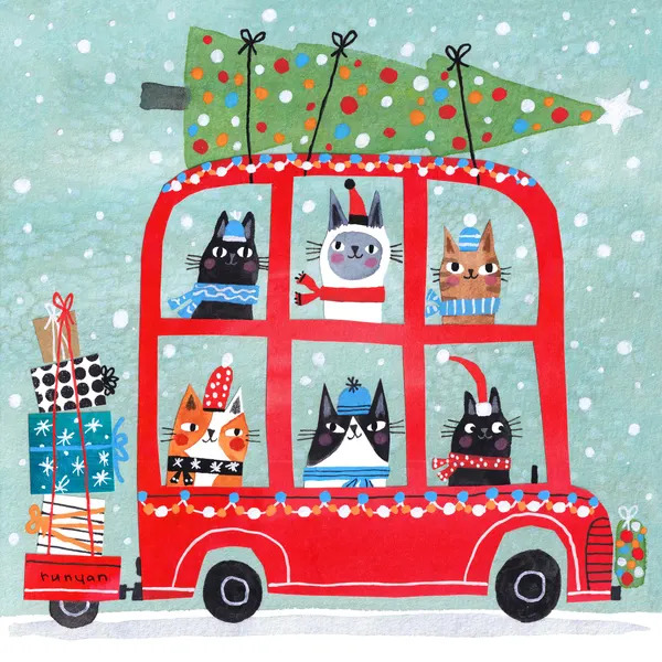 Illustrated red bus with six cats in holiday sweaters, Christmas tree on roof, snowy background