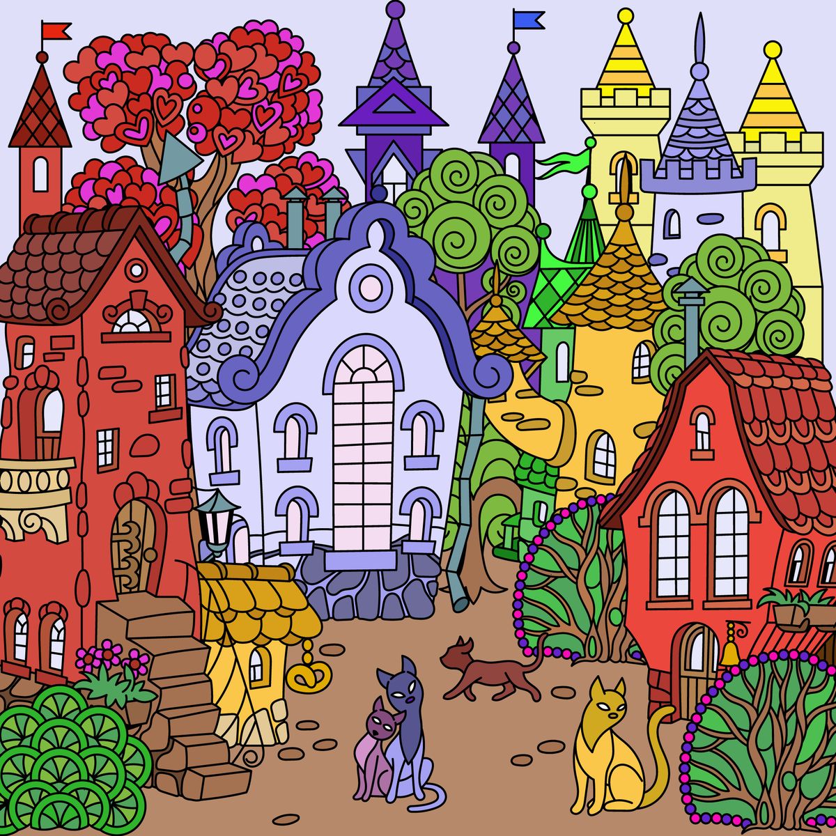 Whimsical Village with Cats