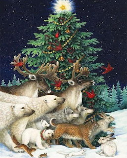 Forest animals including deer, foxes, rabbits, and birds around a decorated Christmas tree in a snowy woodland scene