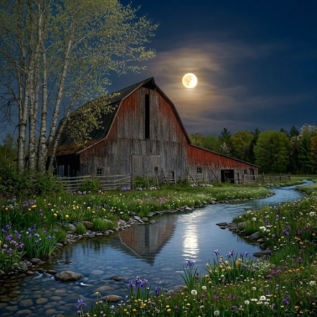 Old barn by a stream under a full moon, surrounded by wildflowers and trees at night