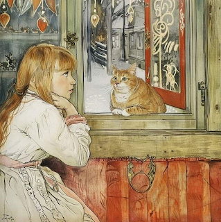 Watercolor painting of girl in white dress looking at orange cat on windowsill