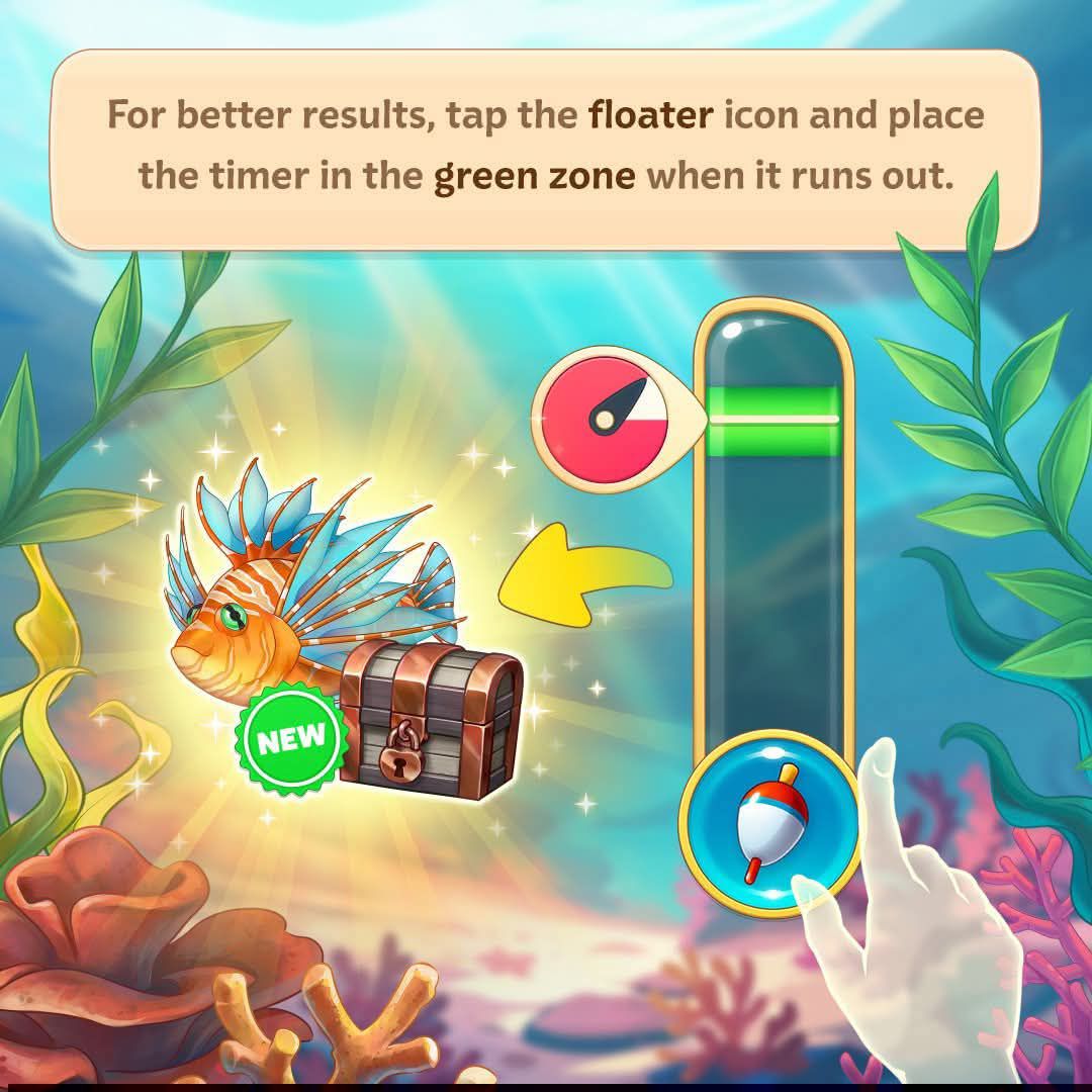 Illustrated game tutorial with a treasure chest, timer meter, and hand pointer underwater
