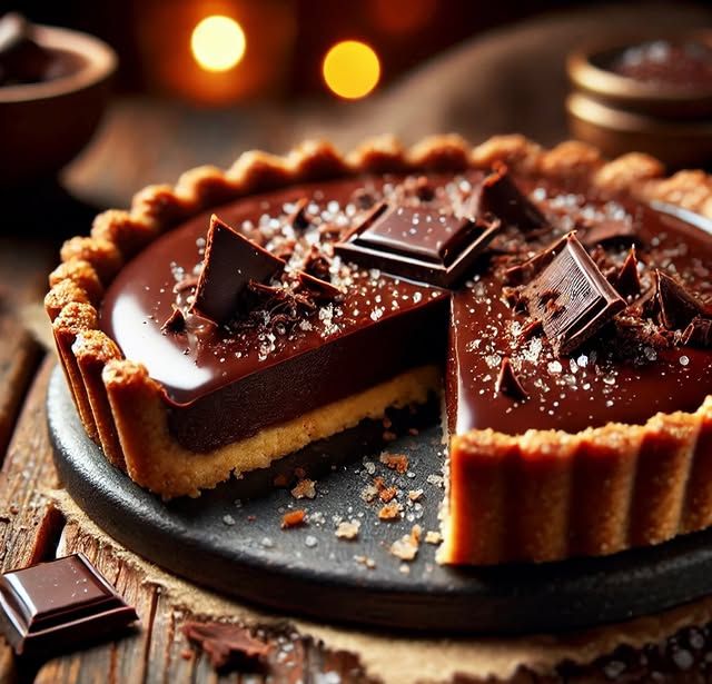 Sliced chocolate caramel tart with golden crust, glossy chocolate topping, and chocolate piece garnish on dark plate