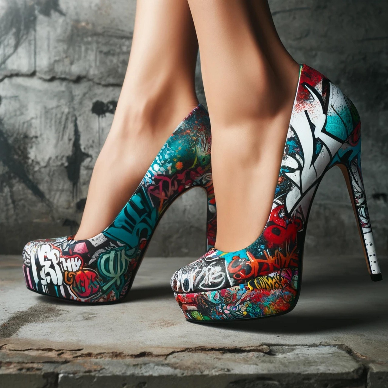 Woman's legs in colorful graffiti-pattern platform high heels