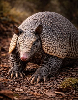 Close-up of an armadillo on a leaf-covered forest floor