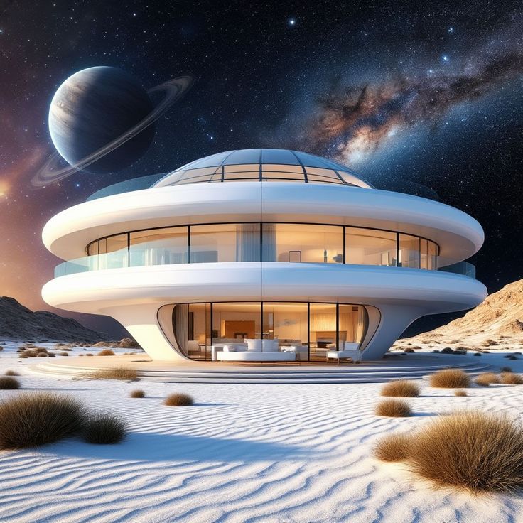 Futuristic white dome building on alien desert planet with ringed planet in night sky
