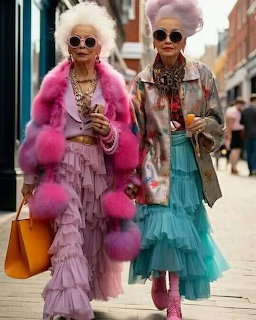 Two stylish elderly women in colorful extravagant outfits walking down a city street