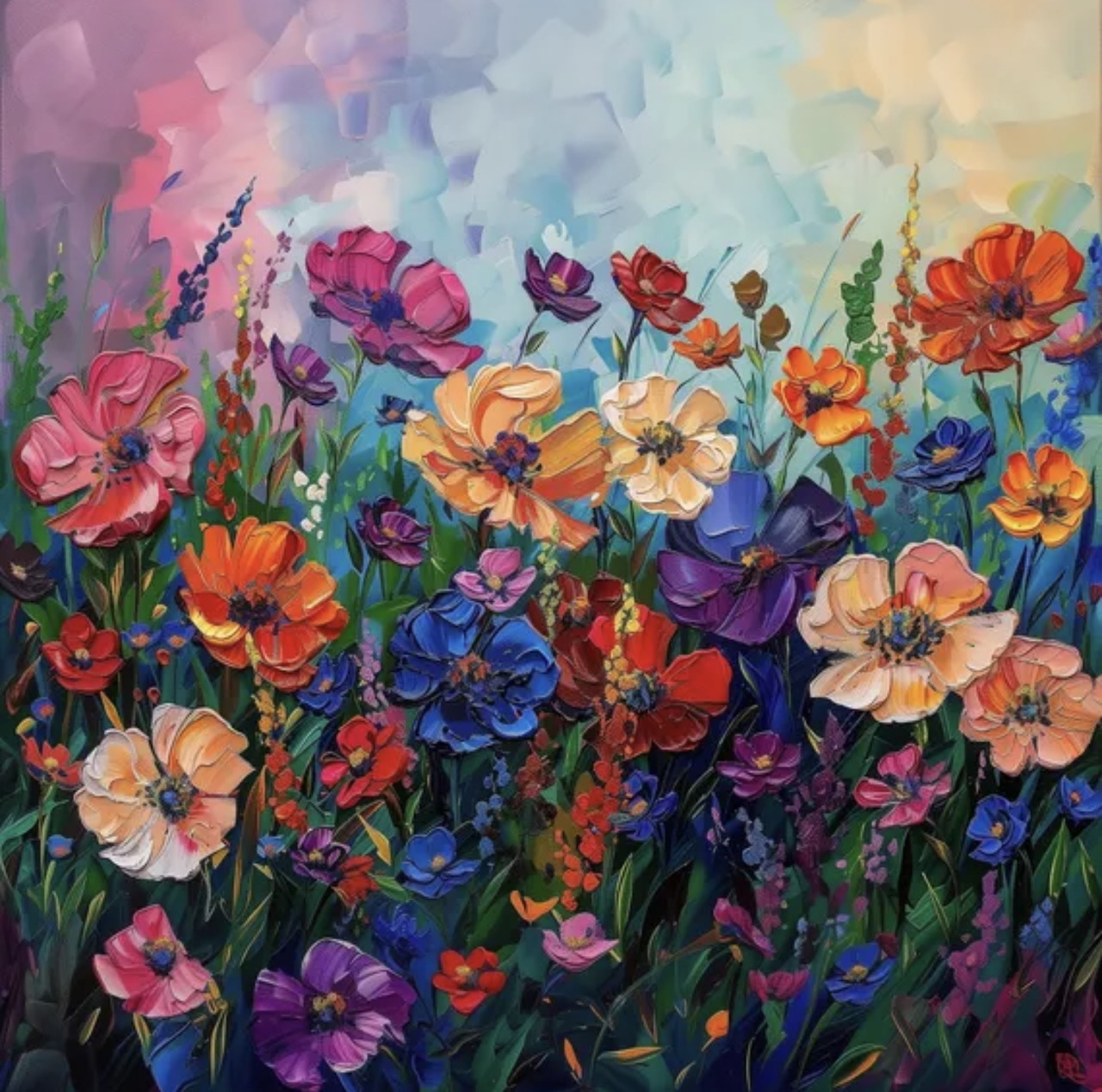 Impressionistic oil painting of colorful wildflowers in a meadow with textured brushstrokes and pastel sky
