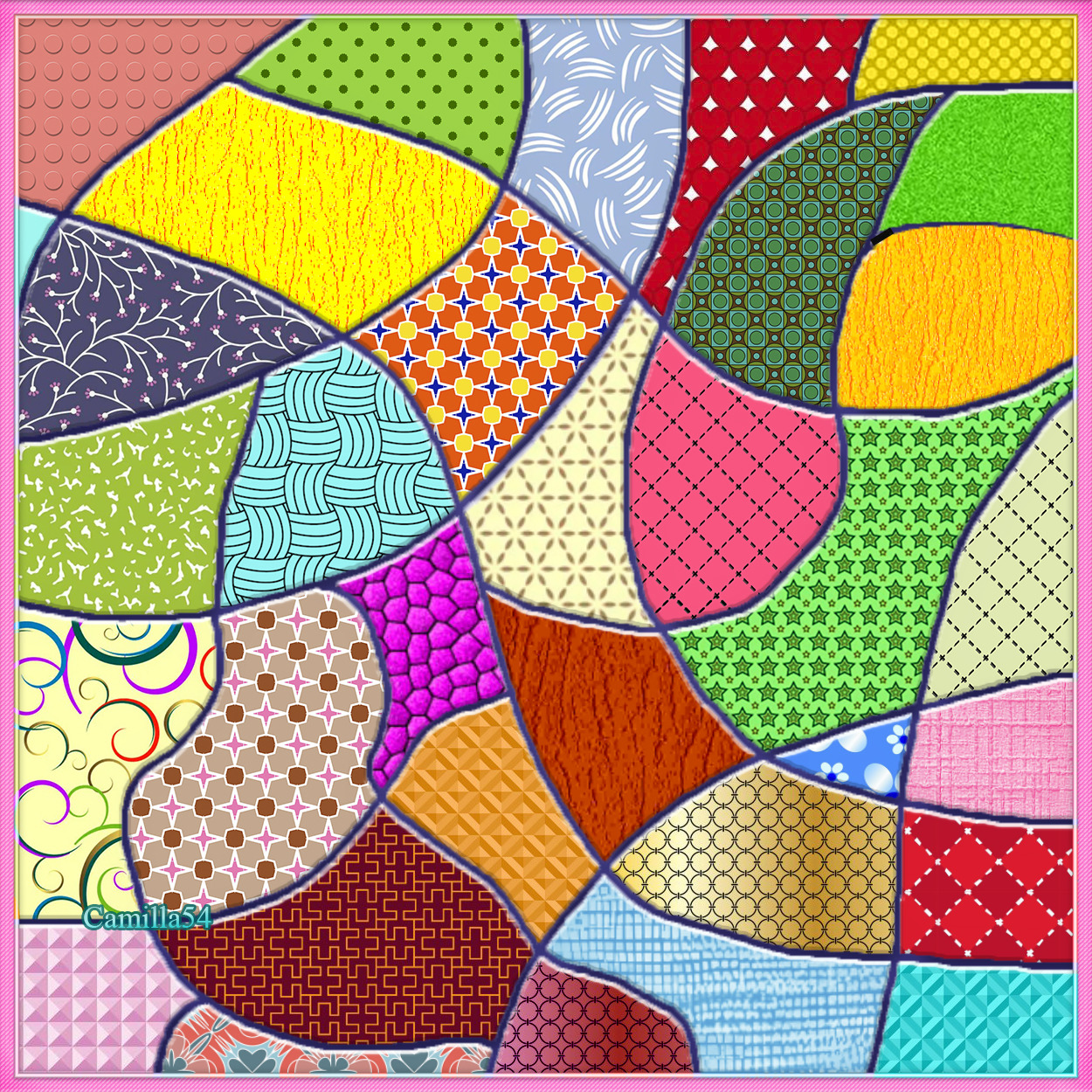 Abstract collage of colorful shapes with various patterns including dots, lines, and geometric designs