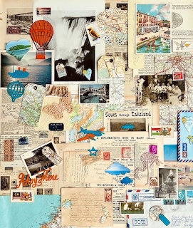 Vintage travel collage with postcards, maps, stamps, airmail envelopes, and hot air balloon illustrations