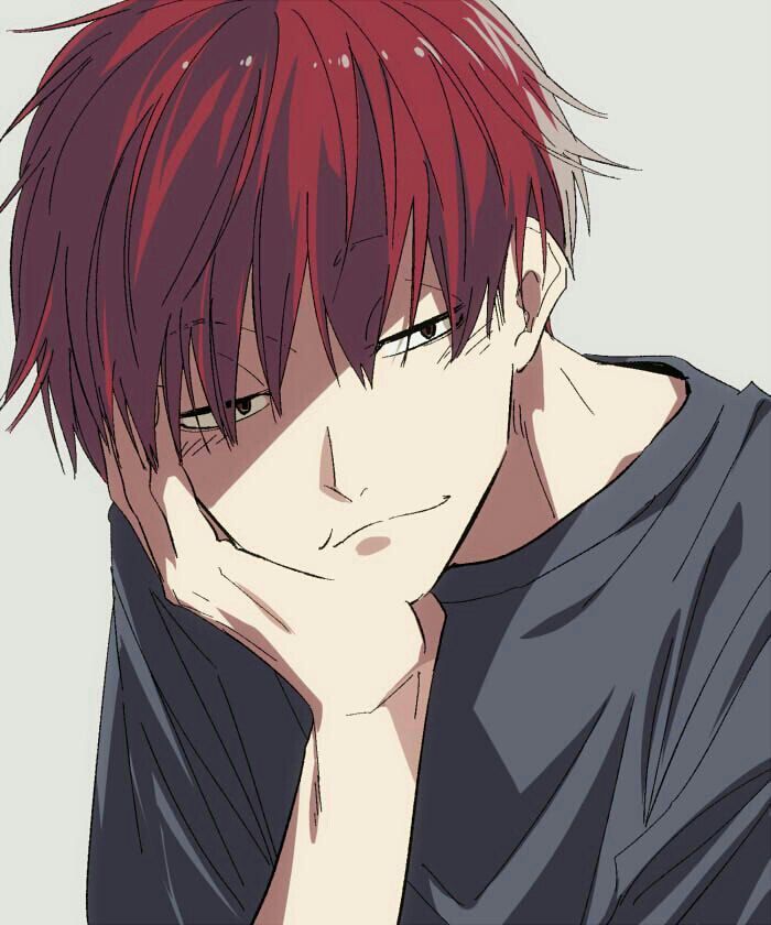 Anime boy with red hair resting chin on hand, wearing a dark shirt, looking sideways