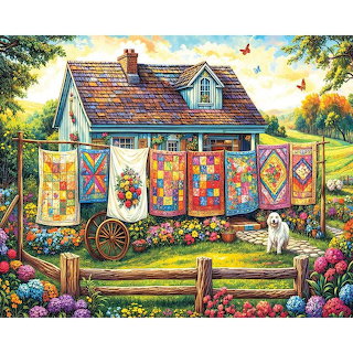 Colorful quilts hanging in a cottage garden with flowers, a blue house, and a small white dog