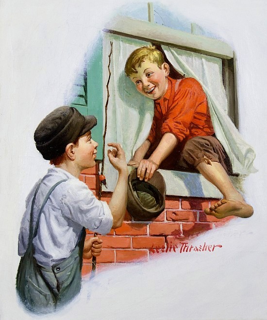 Vintage illustration showing boy climbing out window with fishing rod while another boy looks up from outside