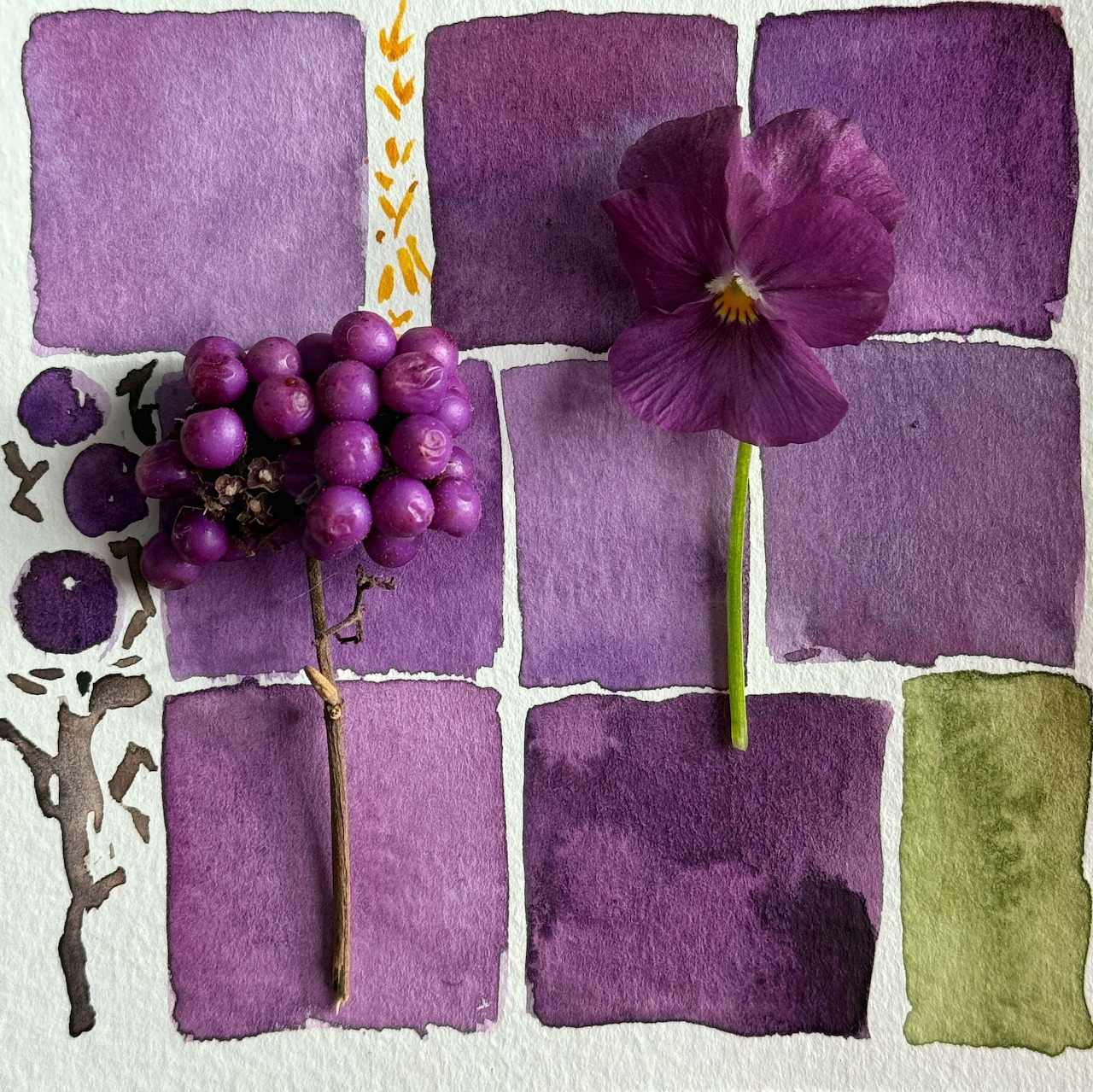 Purple watercolor patchwork squares with pansy flower and berries arranged in artistic grid pattern