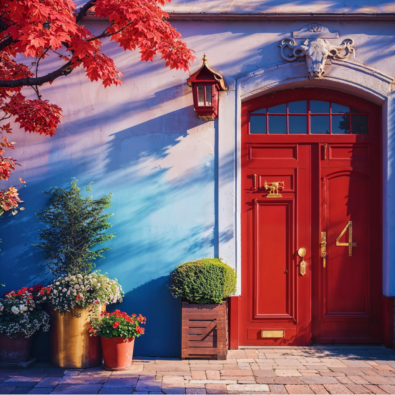 Ornate red door with brass number 4, surrounded by potted plants and hanging lantern against painted blue sky wall