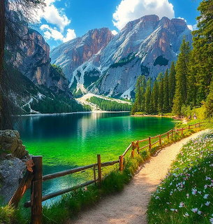 Turquoise mountain lake with a lakeside path, pine trees, and rocky peaks under a blue sky