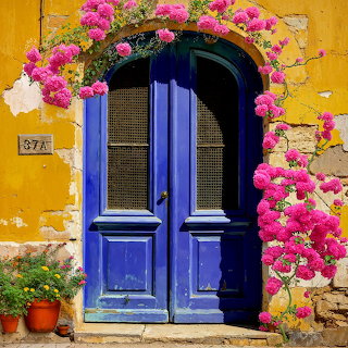 blue double doors with mesh windows