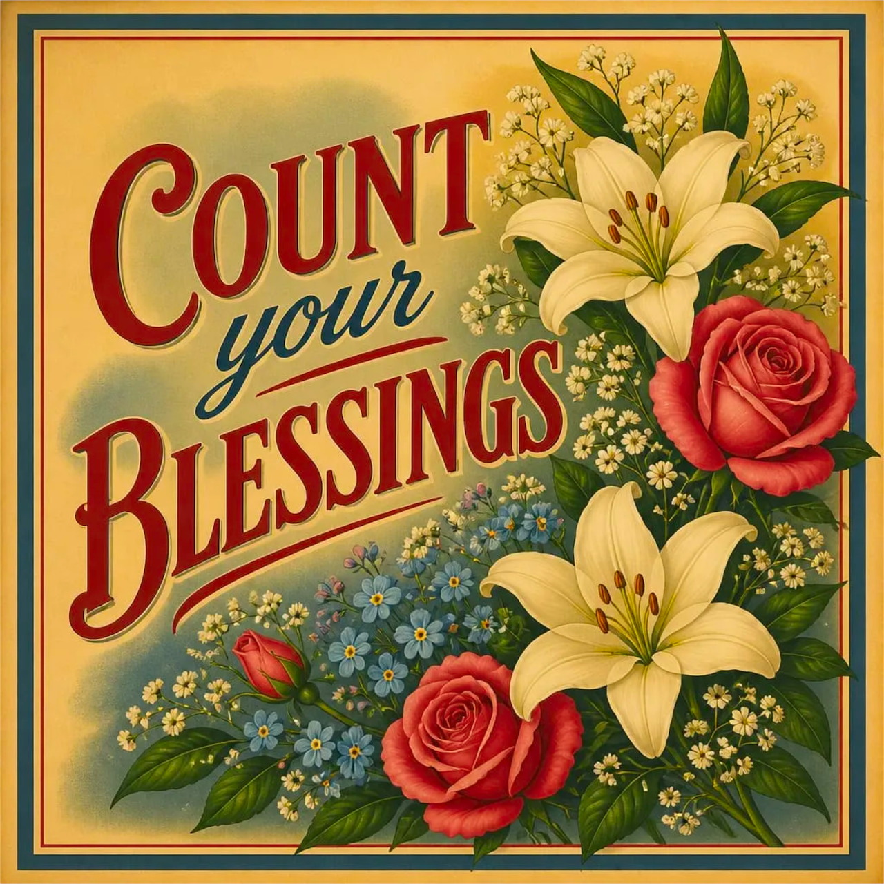 Count Your Blessings vintage floral poster with roses, lilies and forget-me-nots in ornate gold frame