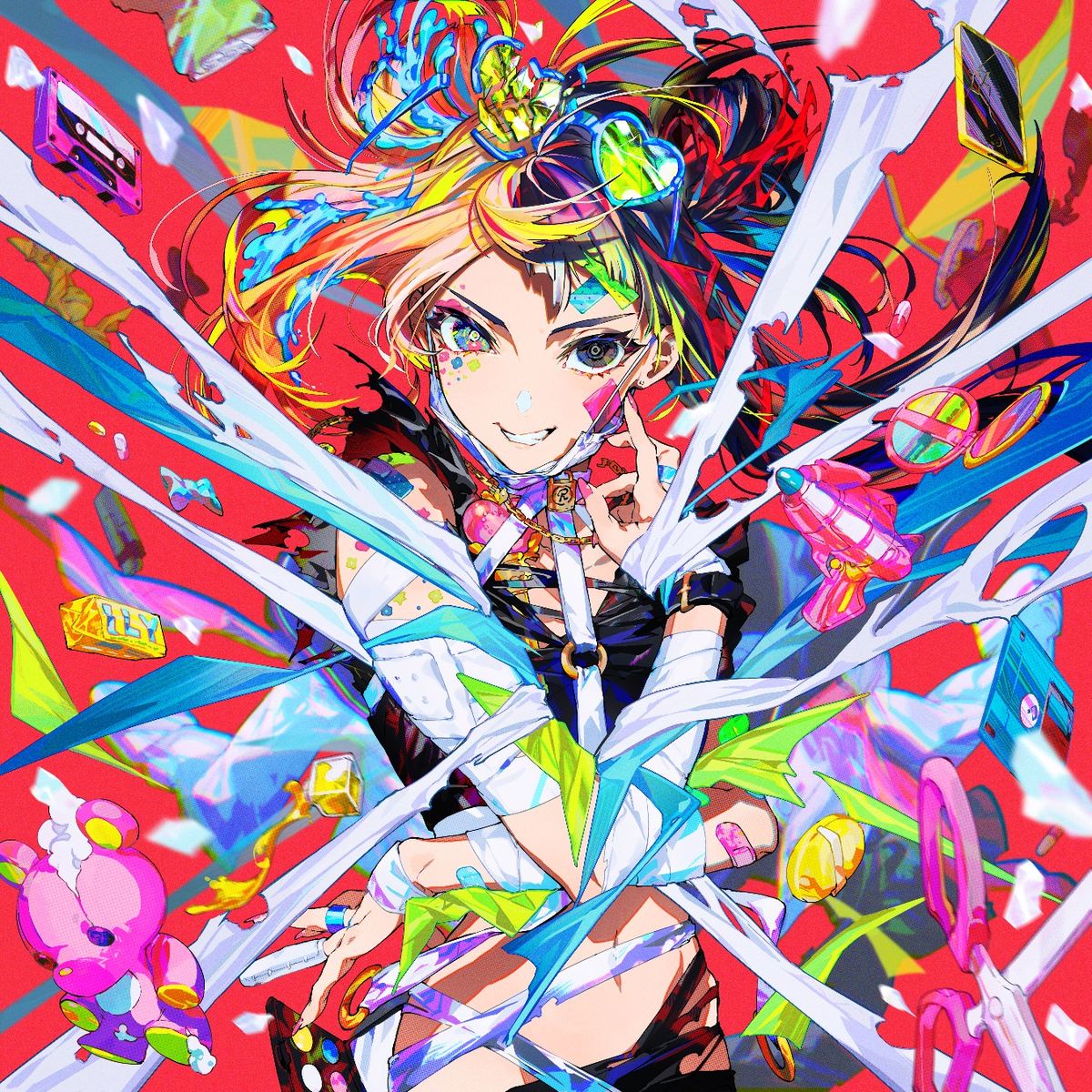 Anime girl with rainbow hair amid colorful geometric burst