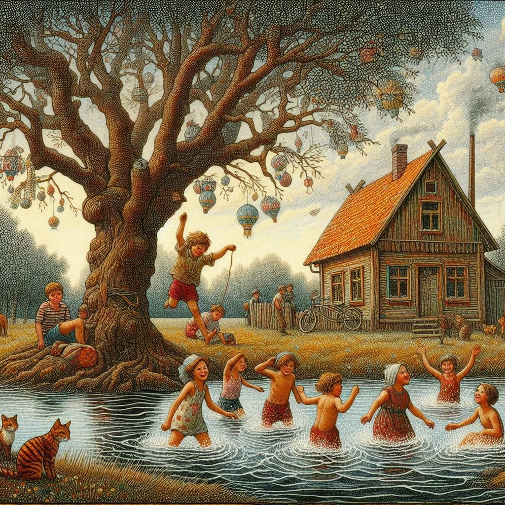 Children playing in pond near cottage and large tree in countryside setting