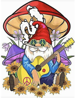 Cartoon hippy gnome with white beard playing guitar under red mushroom with sunflowers
