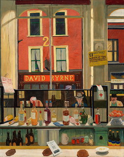 Painting of David Byrne's pub with red facade, windows showing bar interior with bottles and people