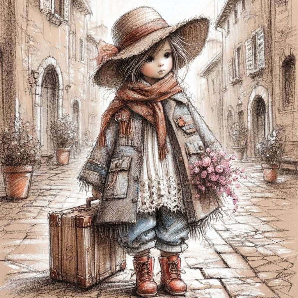 Girl with Suitcase in European Street